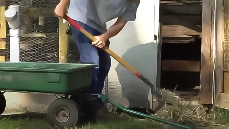 Person cleaning a chicken coop with a rake and wheelbarrow to maintain hygiene