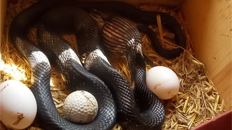 Black snake coiled in a nesting box with chicken eggs