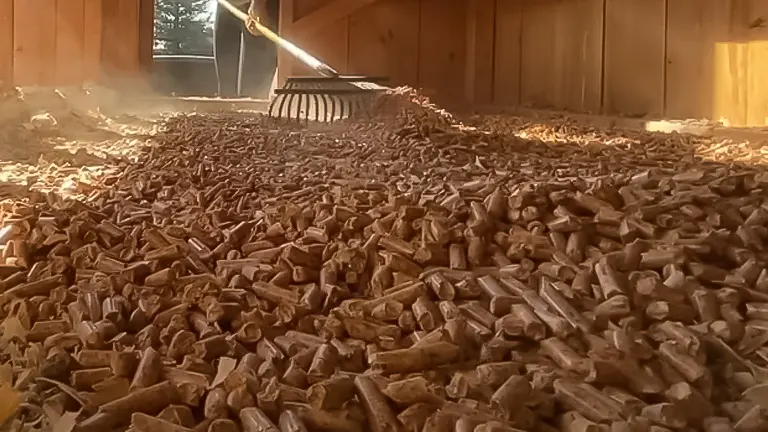 Sunlight filtering into a chicken coop with wood shavings and a rake