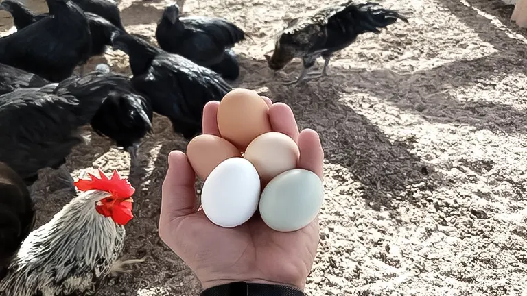 Hand holding various chicken eggs with chickens in the background