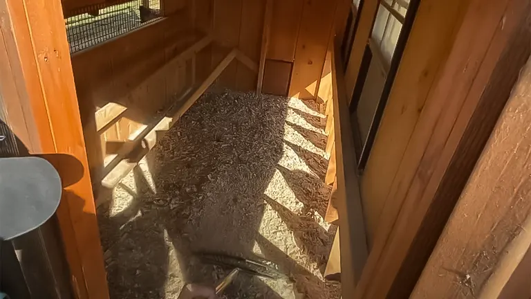 Interior view of a chicken coop with wood shavings and sunlight