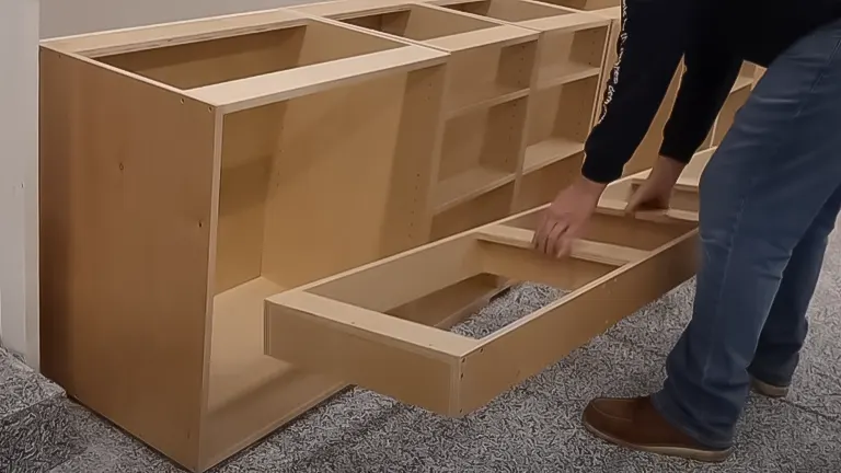 Person positioning a wooden toe kick beneath a frameless cabinet structure