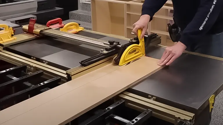 Person cutting plywood with a table saw for cabinet construction