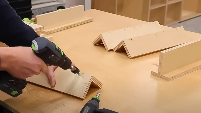 Person assembling wooden toe kick components with a cordless drill