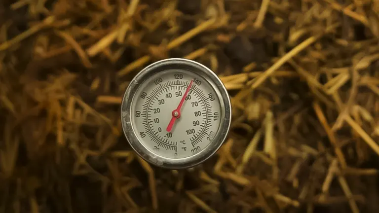 Compost thermometer showing a warm temperature on a straw background