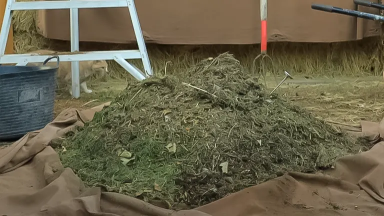 Pile of composting materials on a tarp with garden tools in the background
