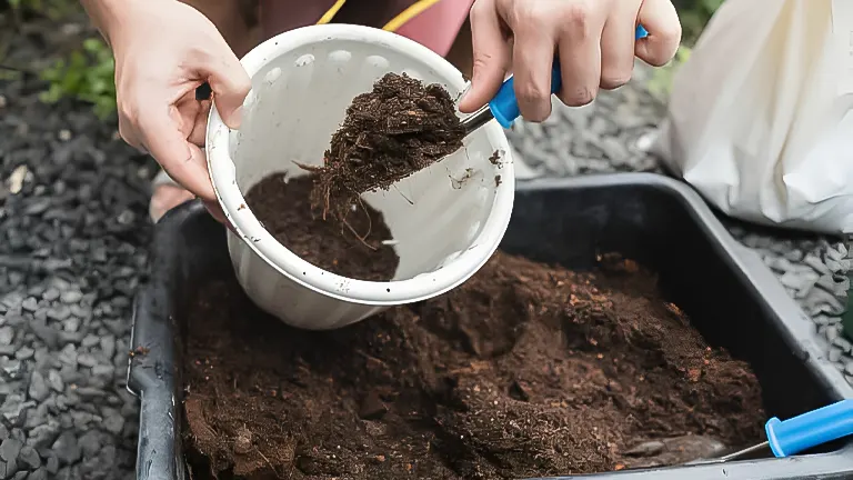 Hands pouring finished compost from a white bucket into a black mixing tray