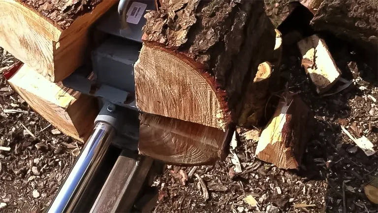 Log splitter wedge mid-split through a log