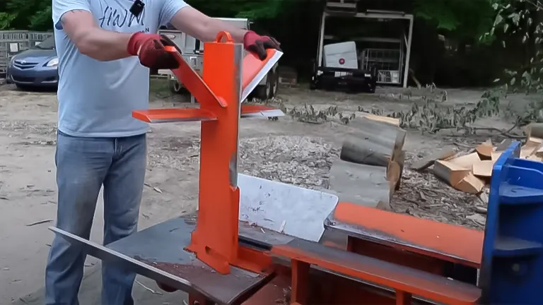 Person sharpening an orange log splitter wedge with a file