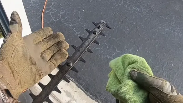 Hands in gloves holding a long, black object with multiple protrusions, possibly for cleaning or handling safely.