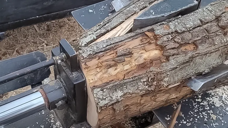 Modified log splitter in action, with a log positioned for efficient cutting