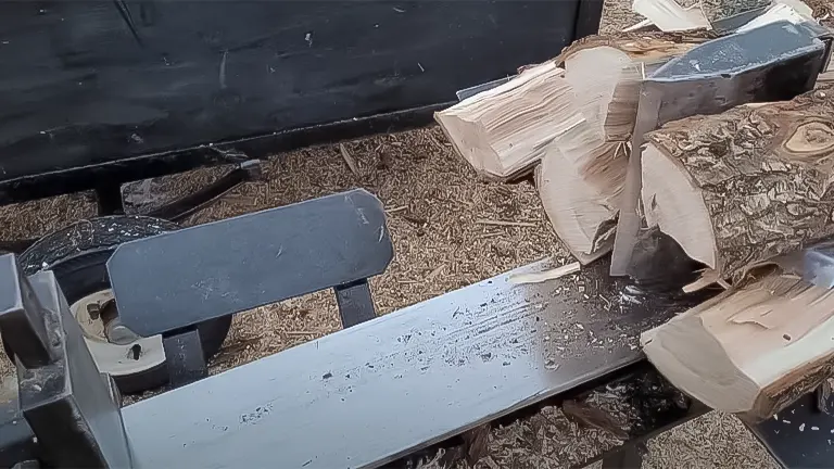 Log splitter with enhanced cycle time, splitting wood on an optimized workbench