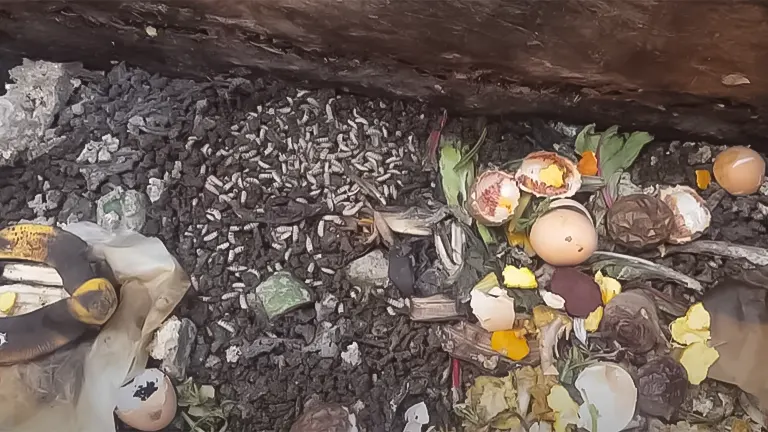 A Black Soldier Fly bin containing larvae, food scraps such as banana peels, eggshells, and wilted flowers