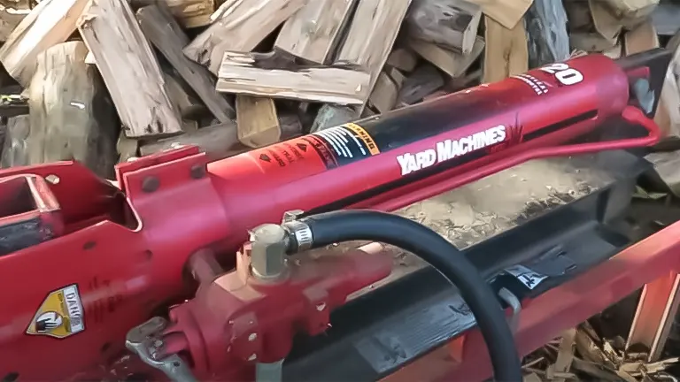 Close-up of a red Yard Machines log splitter with a 20-ton capacity
