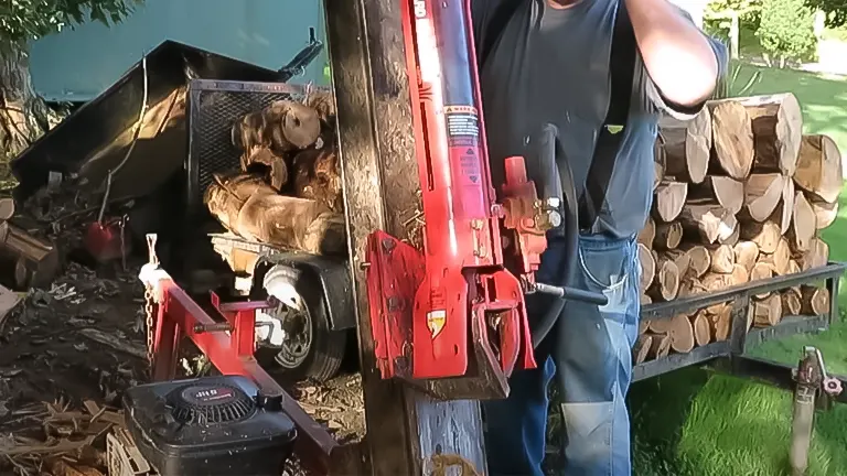 Man operating a vertical Yard Machines log splitter near a woodpile