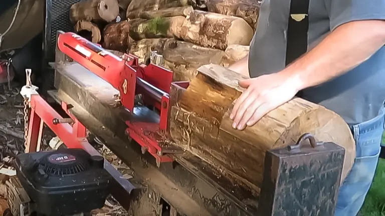 Person positioning a log on a horizontal Yard Machines log splitter