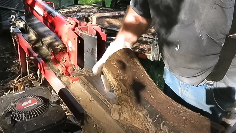 Individual wearing gloves aligning a log for splitting on a Yard Machines log splitter