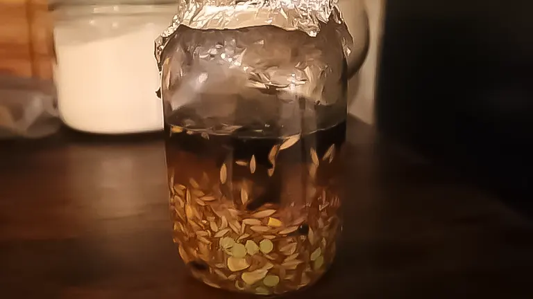 Jar with grains for homemade chicken feed, covered with foil, on a kitchen counter