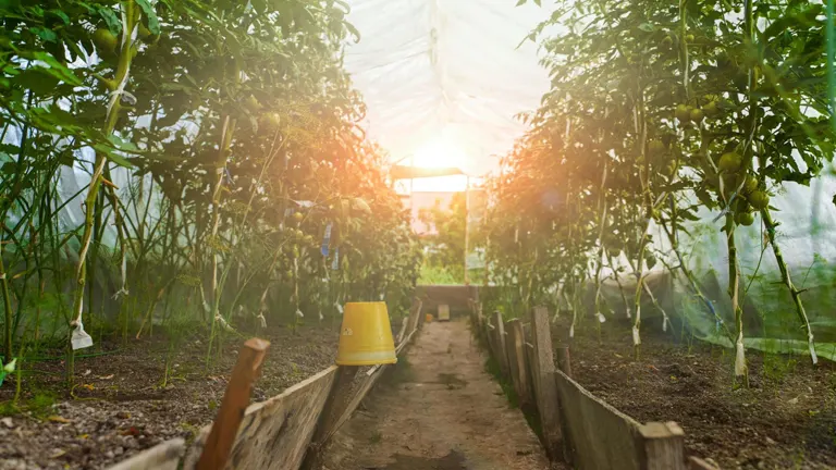 Sunlit greenhouse filled with mature plants and a central walkway
