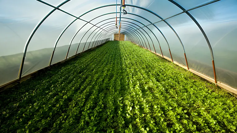 Interior of a greenhouse with a variety of plants under an irrigation system