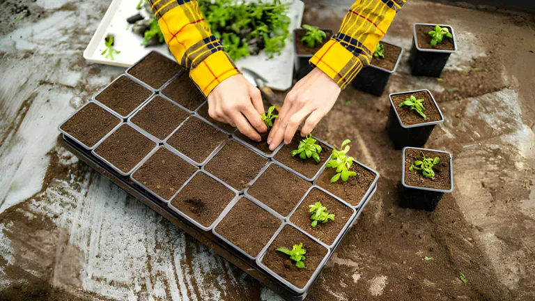 Hands transplanting small green plants from a white tray to a black tray filled with soil