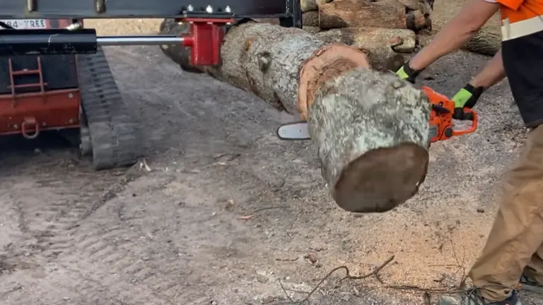 Person cutting log into 2 using Husqvarna 240 with a heavy equipment beside