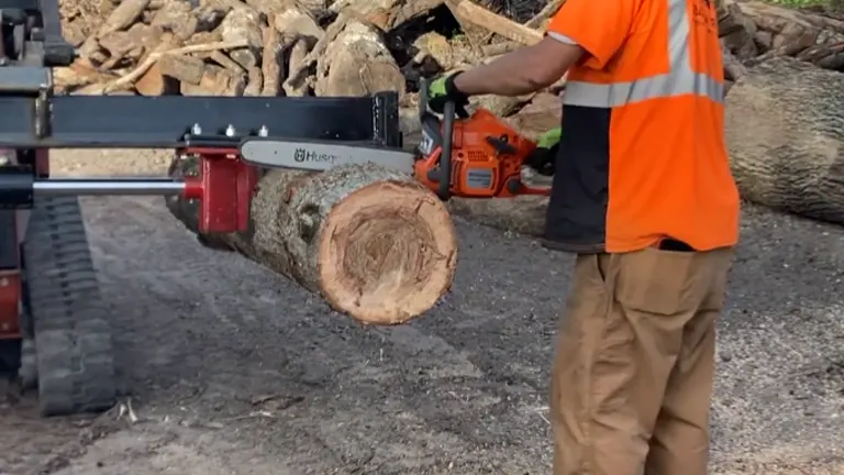 Person holding Husqvarna and  240 cutting log