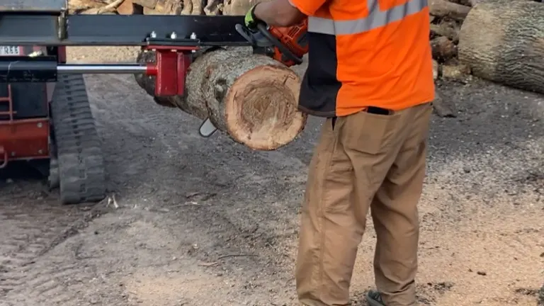 Person with orange shirt holding Husqvarna 240  cutting log