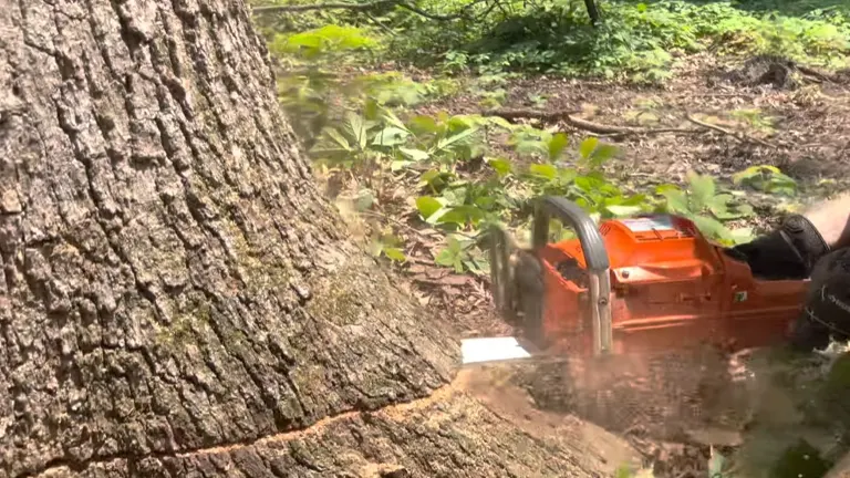 Chainsaw in action, cutting through a tree trunk in a forest.