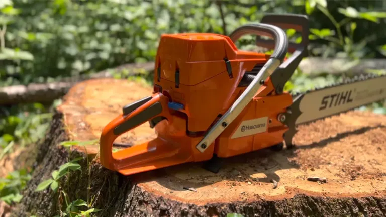 Husqvarna 395XP chainsaw with a STIHL blade on a cut tree trunk in a forest.