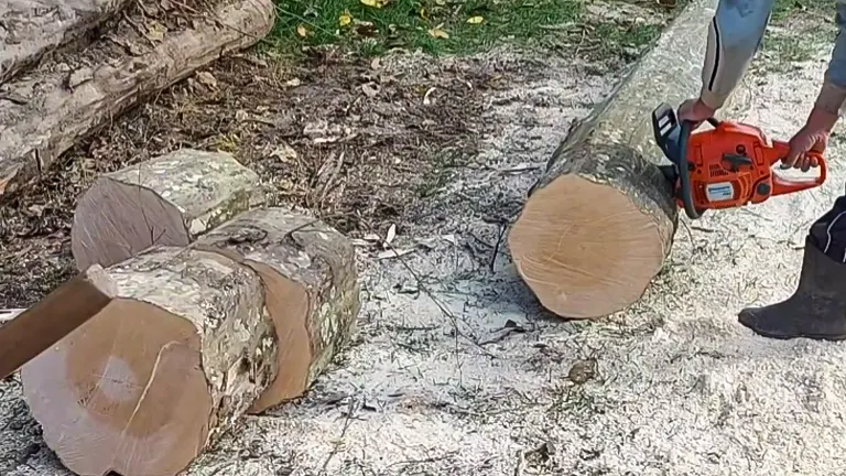Person already cut 3 silce of logs using Husqvarna 450 II Petrol Chainsaw