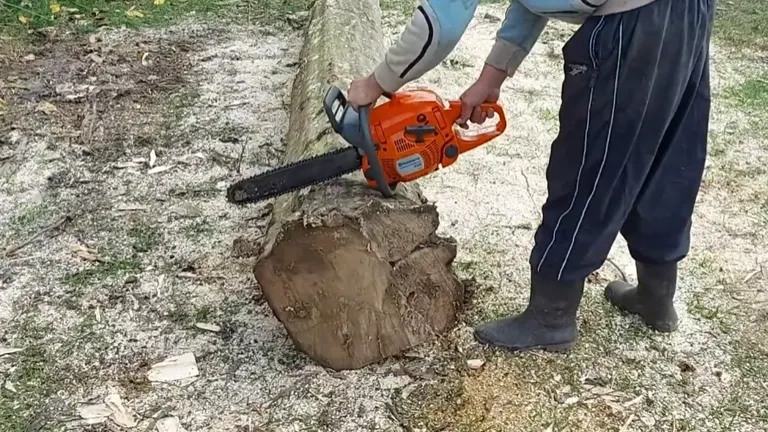 Person holding Husqvarna 450 II Petrol Chainsaw preparing to cut a long log