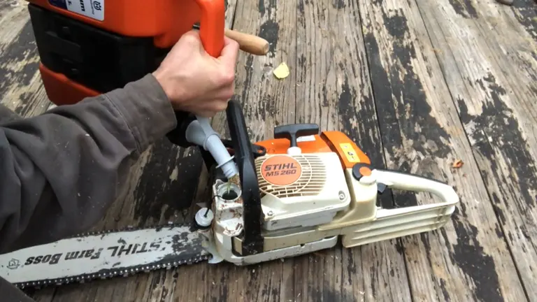 Husqvarna Combi Can pouring gas on stihl 260