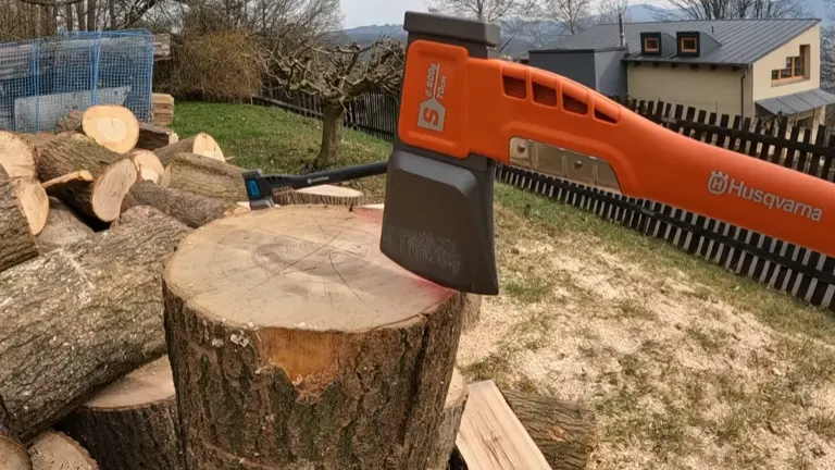 Husqvarna Splitting Axe S2800 on a wooden stump with chopped wood in the background.