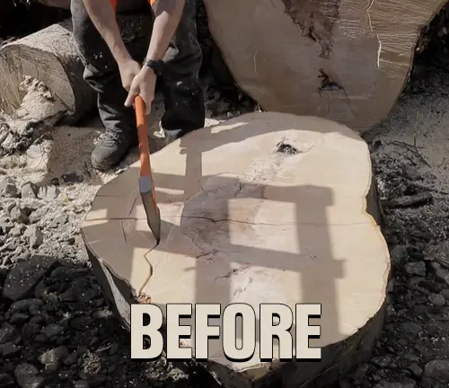 Person preparing to carve a large piece of wood with an axe-like tool, with the word ‘BEFORE displayed at the bottom.