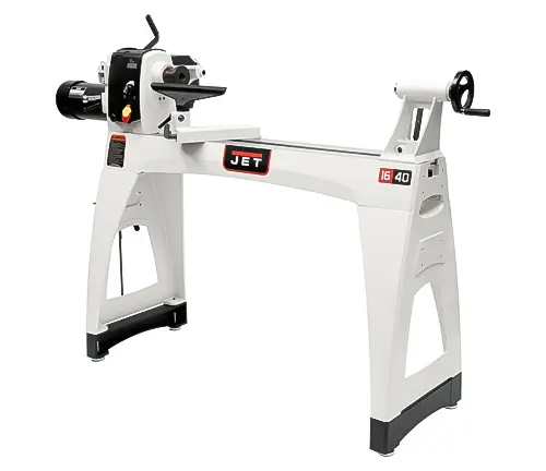 White JET JWL-1640EVS variable-speed wood lathe with distinctive red and black logo on the front