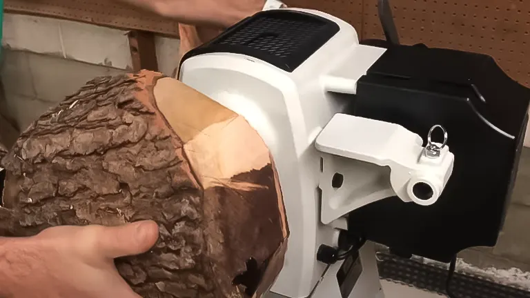 Hand adjusting a rough wood block on a JET JWL-1640EVS variable-speed wood lathe