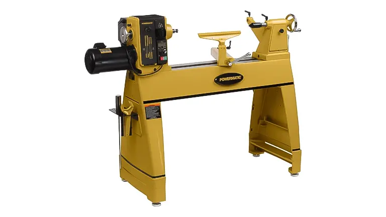 Yellow Powermatic wood lathe machine on a stand