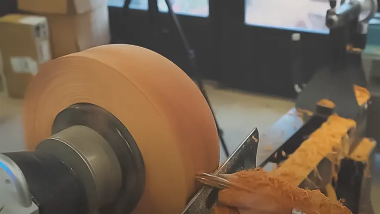 Wood lathe in operation with wood shavings and a chisel