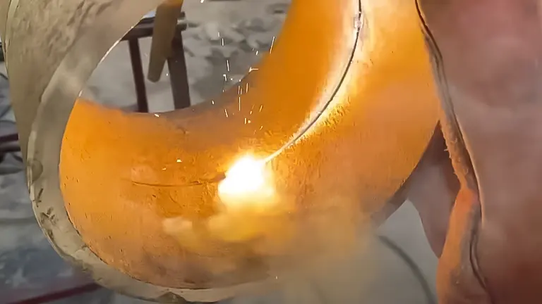 Arc welding in progress on a curved pipe with a 7018 electrode