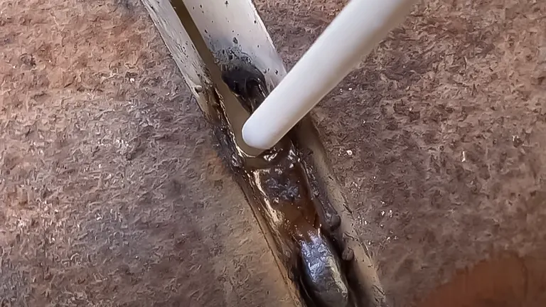 7018 electrode mid-weld on a steel pipe joint