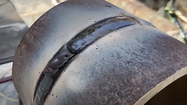 Completed weld bead on a pipe using a 7018 electrode, showcasing the skill of pipe welding