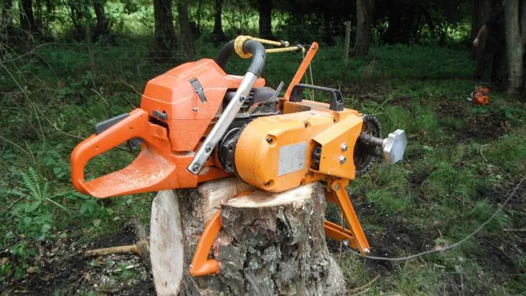 A portable Lewis Winch chainsaw winch mounted on a tree stump in a forested area.
