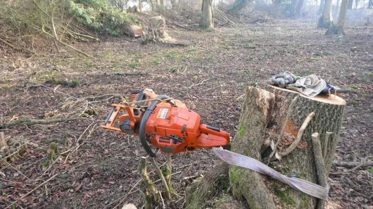 An orange chainsaw with Lewis Winch Attached, gloves, and a saw blade on a freshly cut tree stump in a forest.