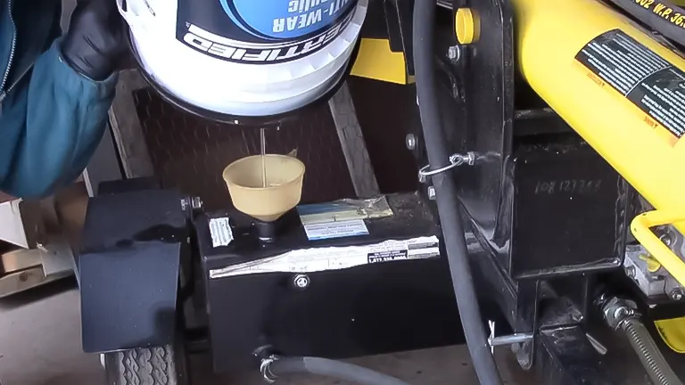 Pouring hydraulic fluid into a log splitter's reservoir