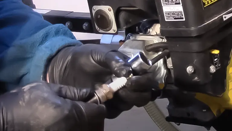 Hands in gloves changing the spark plug on a log splitter engine
