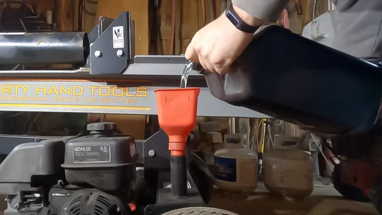 Pouring new oil into a Dirty Hand Tools log splitter through a funnel, part of an oil and hydraulic fluid change process