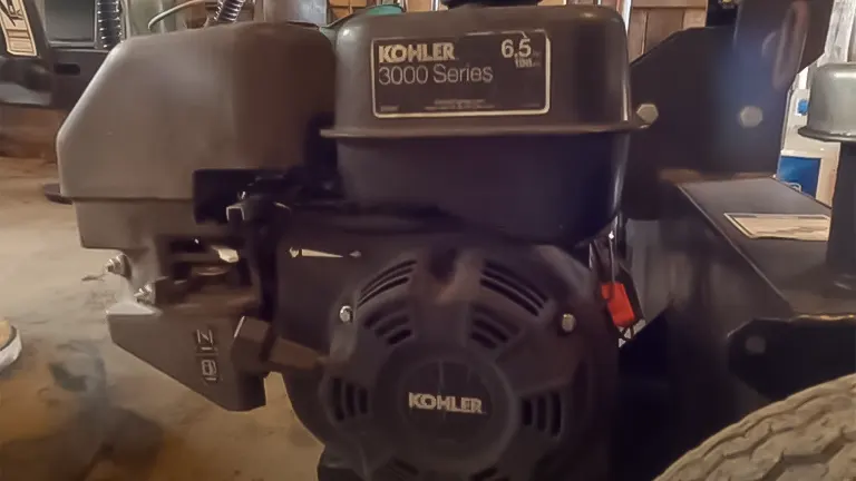 A Kohler 3000 Series 6.5 HP engine on a log splitter, relevant for discussing oil and hydraulic fluid maintenance