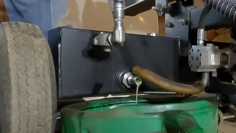 Used oil being drained from a log splitter into a green collection pan during maintenance
