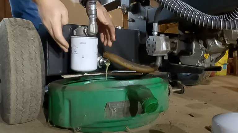 Person changing the oil filter on a log splitter with used oil draining into a green container below